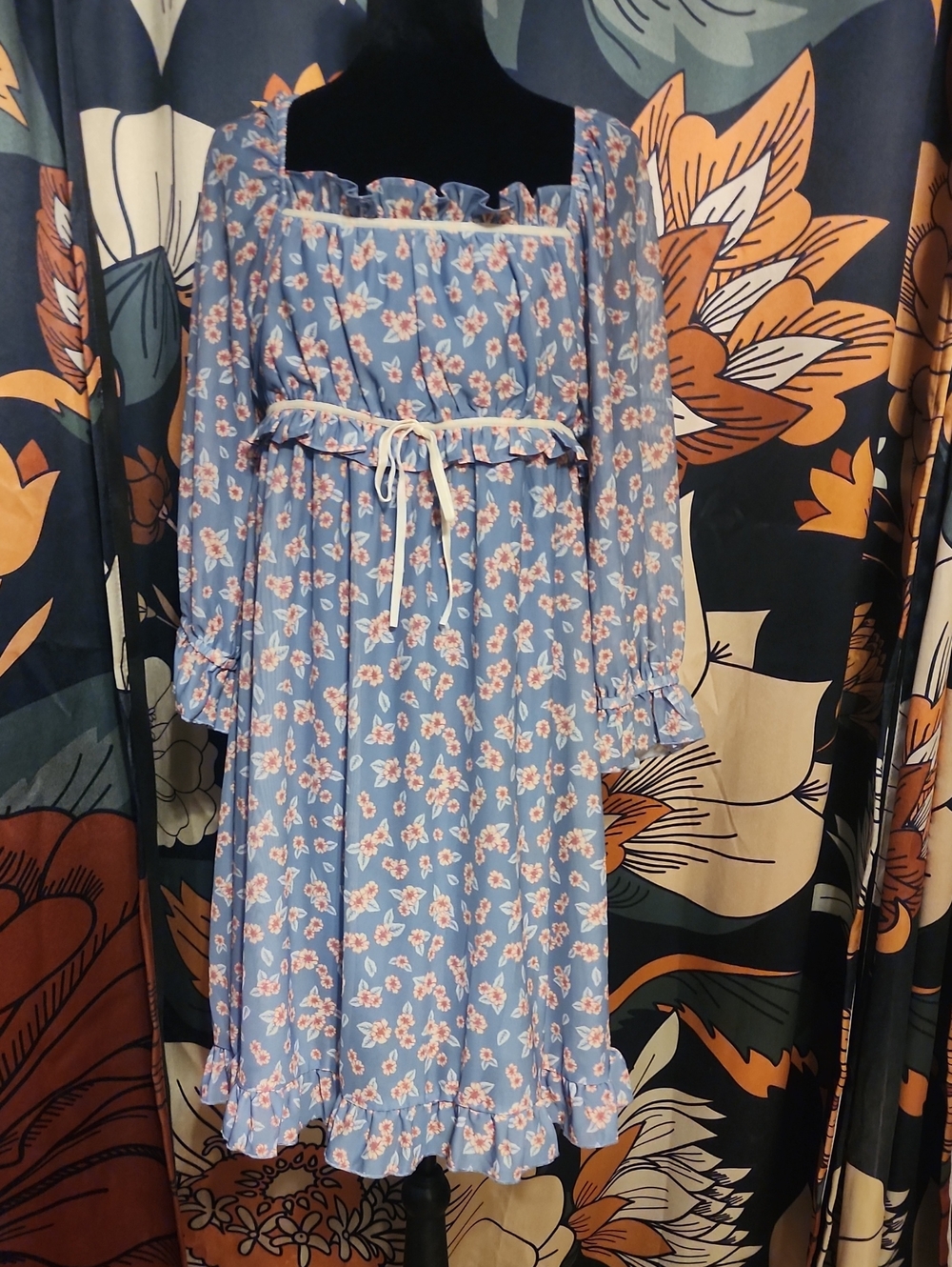 Cato Blue Floral Ruffle-Square Neck Long Sleeve Dress